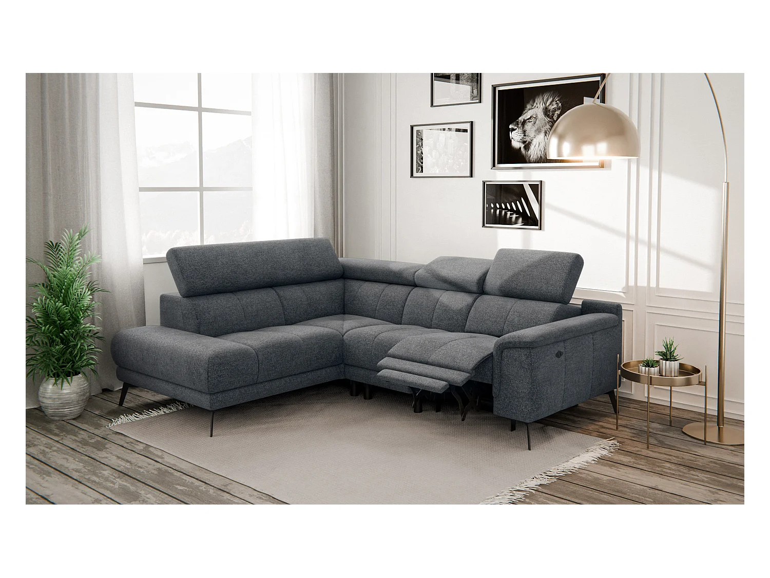 FIERO Ecksofa 4-Sitzer mit 1 Relaxfunktion und verstellbare Kopfstützen, dunkelgrau