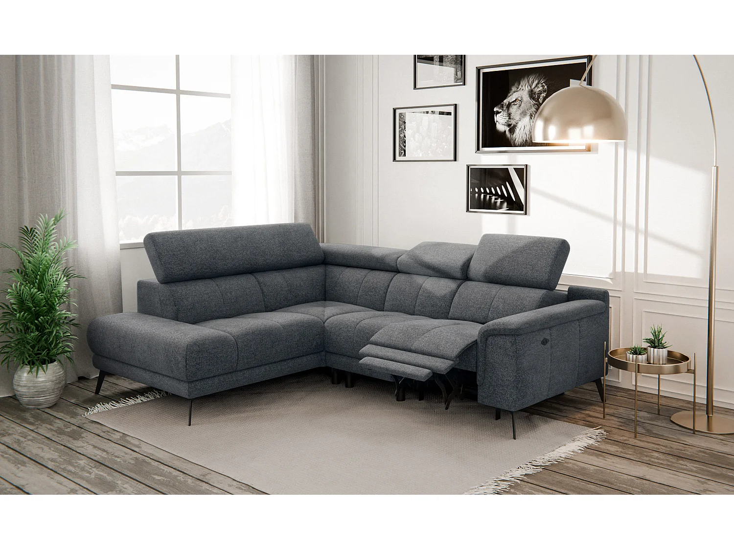 Canapé d'angle 4 places avec  1 relax électrique tissu gris foncé - FIERO