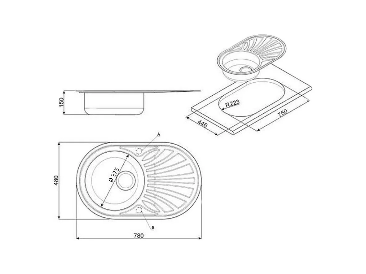 Lavello ovale incasso 1 vasca e gocciolatoio sinistro 78x48 Smeg LMEL77S inox