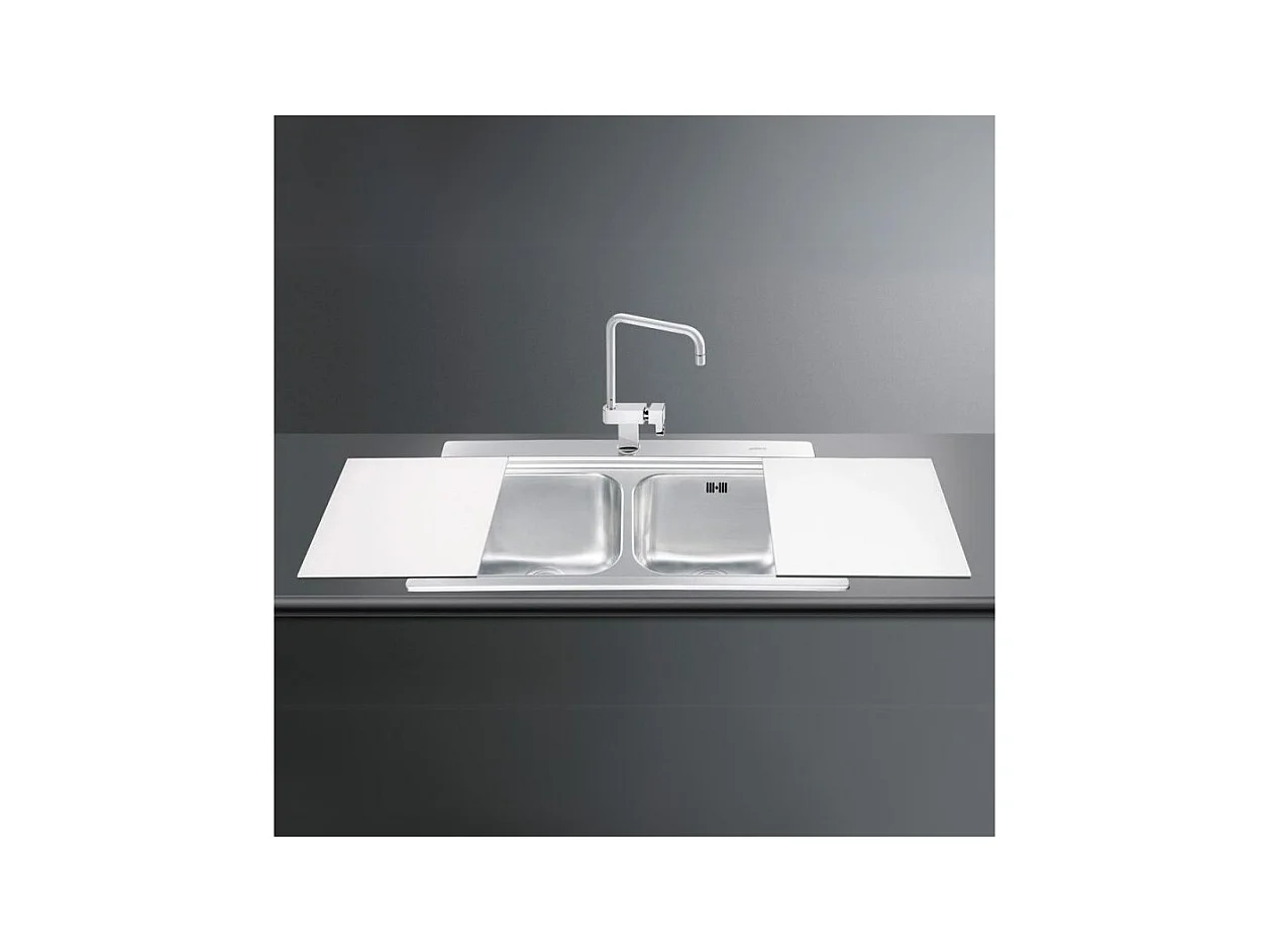 Lavello incasso 2 vasche 90x50 con taglieri in vetro bianco Smeg LI92B inox spazzolato