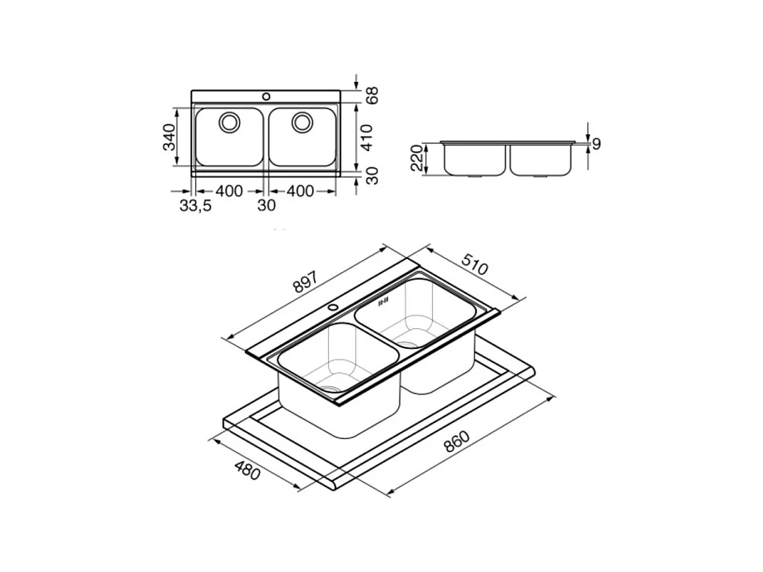 Lavello incasso 2 vasche 90x50 con taglieri in vetro bianco Smeg LI92B inox spazzolato