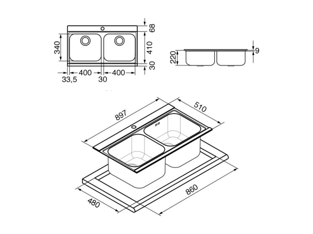 Lavello incasso 2 vasche 90x50 con taglieri in vetro bianco Smeg LI92B inox spazzolato