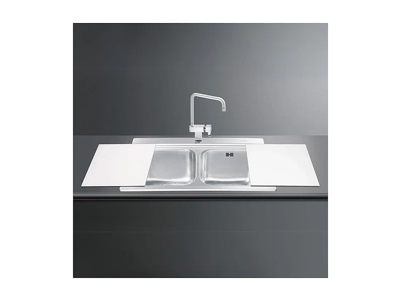 Lavello incasso 2 vasche 90x50 con taglieri in vetro bianco Smeg LI92B inox spazzolato