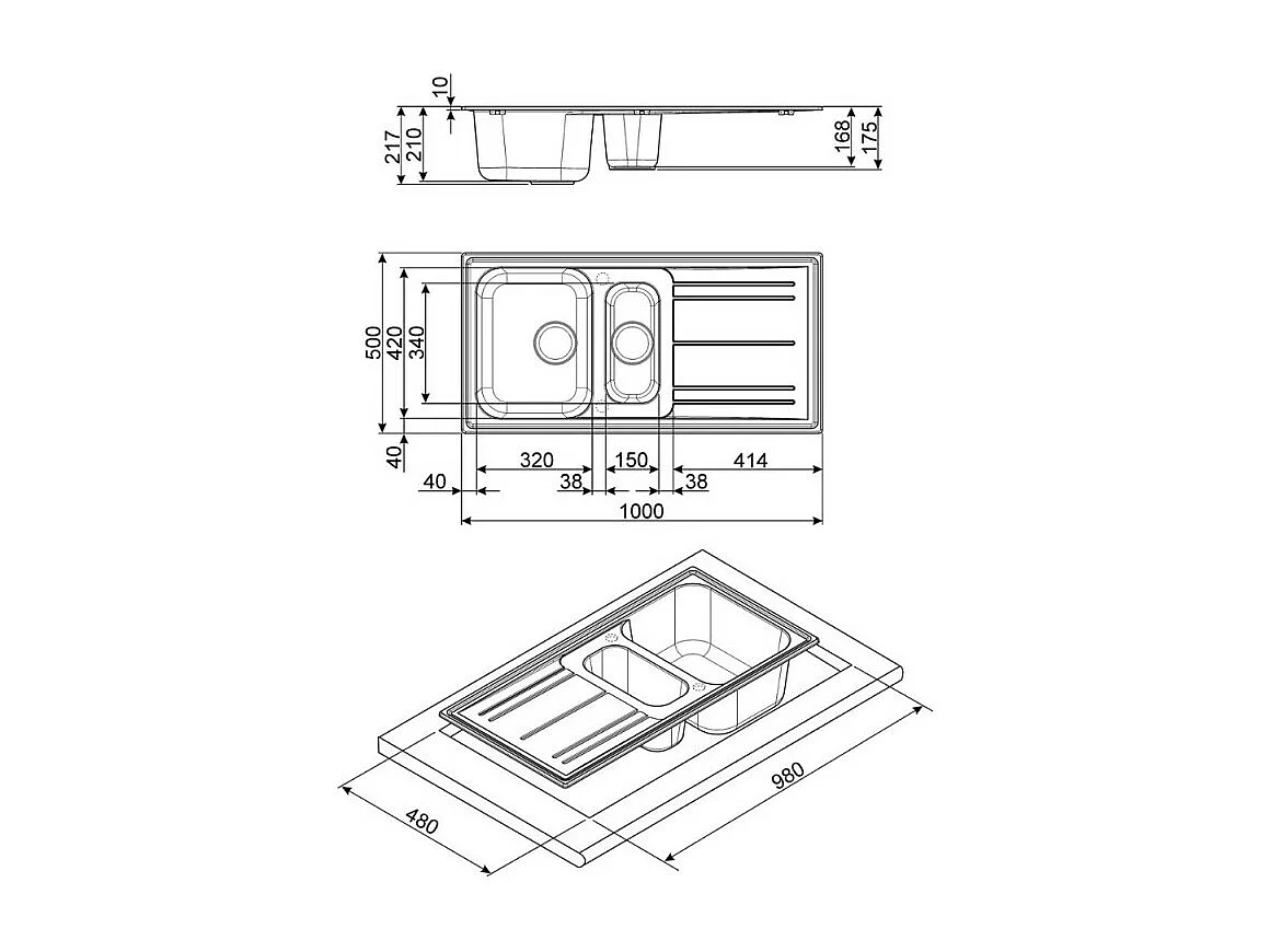 Lavello incasso 2 vasche e gocciolatoio reversibile 100x50 Smeg LZ102TT colore titanio