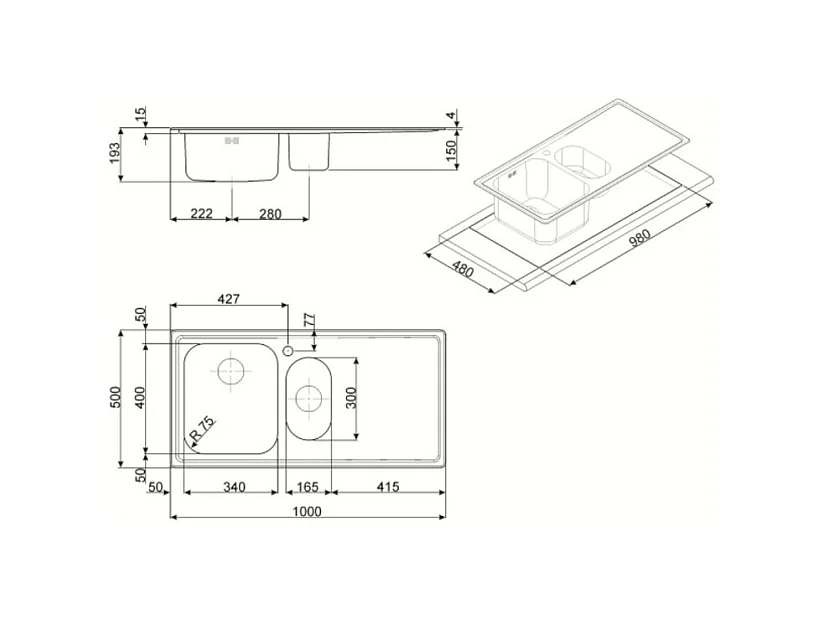 Lavello incasso semifilo 2 vasche e gocciolatoio sinistro 100x50 Smeg LE102S2 inox spazzolato