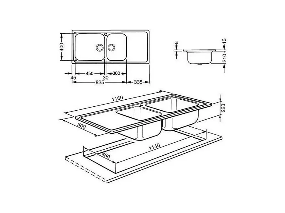 Lavello incasso semifilo 2 vasche e gocciolatoio sinistro 116x50 Smeg LGM116S inox