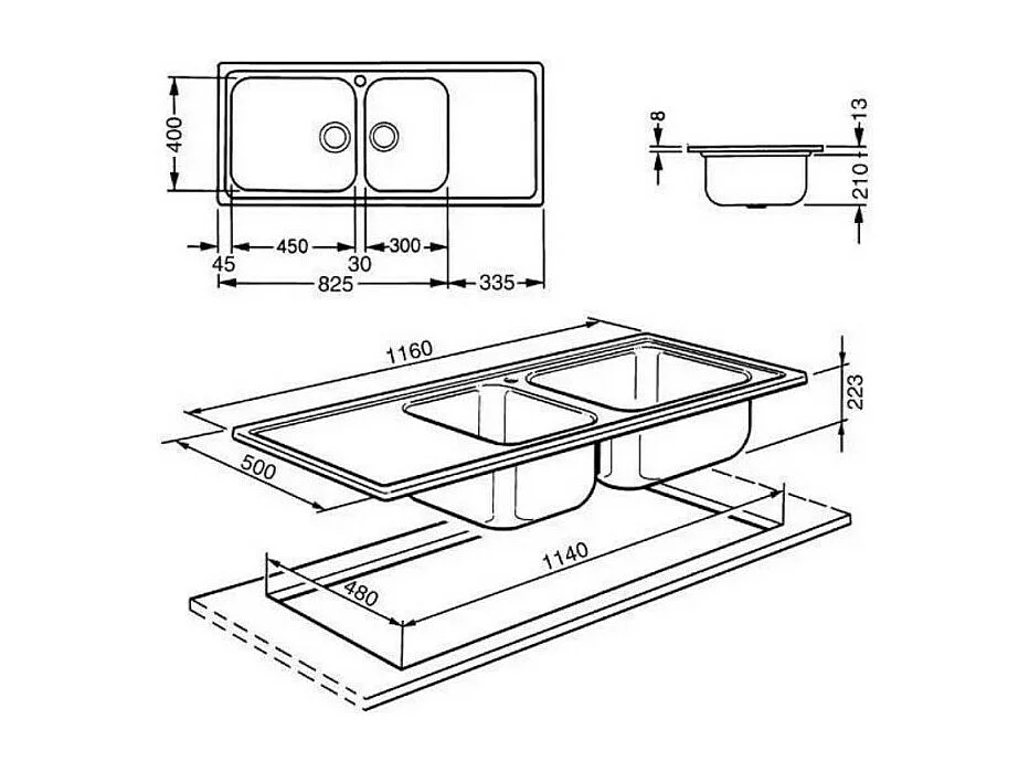 Lavello incasso semifilo 2 vasche e gocciolatoio sinistro 116x50 Smeg LGM116S inox