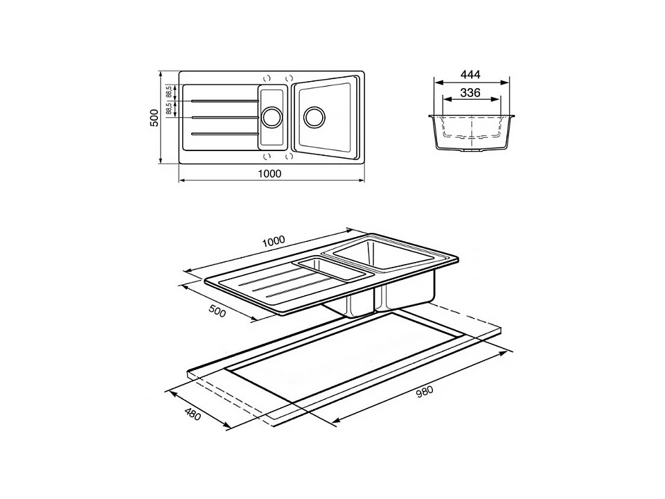 Lavello incasso 2 vasche e gocciolatoio reversibile 100x50 Smeg LS102T titanio
