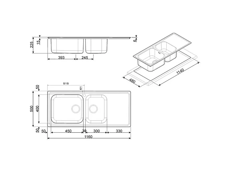 Lavello incasso 2 vasche e gocciolatoio destro 116x50 Smeg LG116D2 inox spazzolato