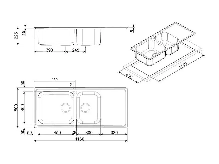Lavello incasso 2 vasche e gocciolatoio destro 116x50 Smeg LG116D2 inox spazzolato