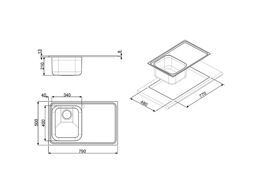 Lavello incasso 1 vasca e gocciolatoio sinistro 79x50 Smeg SP791SOT ottone