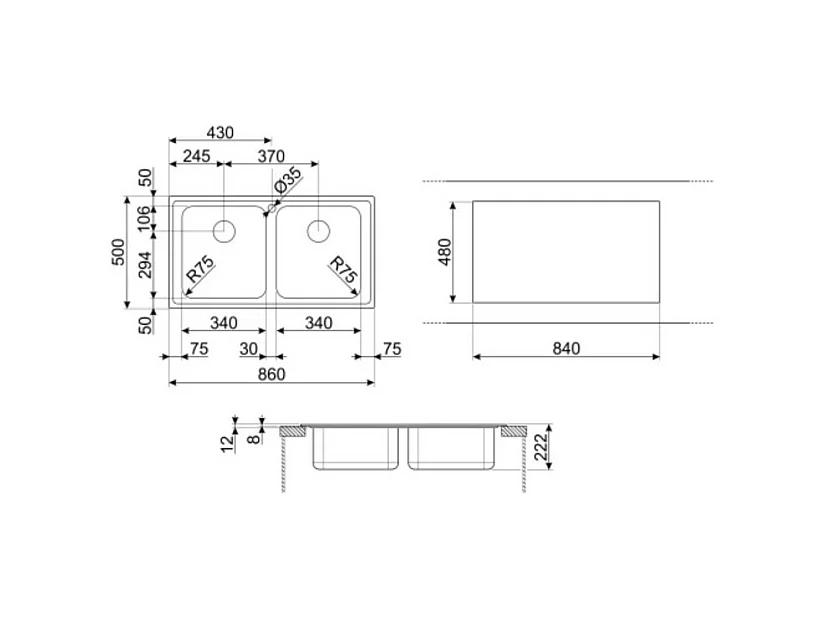 Lavello incasso 2 vasche 86x50 Smeg LP8622 inox spazzolato