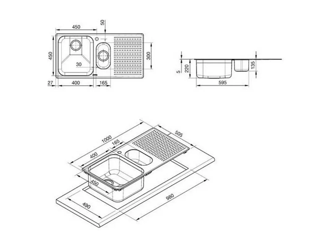 Lavello incasso 2 vasche e gocciolatoio destro 100x50 Smeg LTS102D2 inox spazzolato