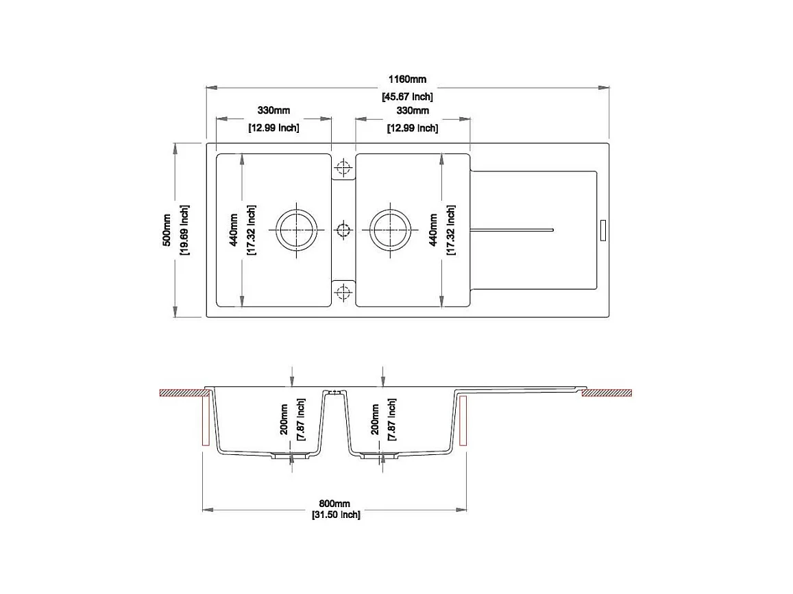 Lavello cucina 2 vasche e gocciolatoio bianco 116x50 Enigma D200