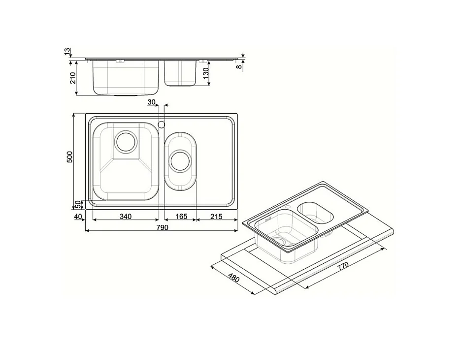 Lavello incasso 2 vasche e gocciolatoio sinistro 79x50 Smeg SP7915SN acciaio inox nero