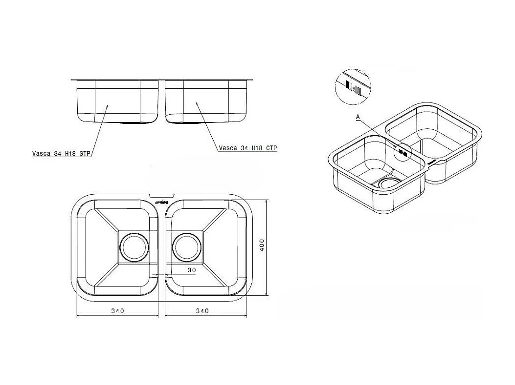 Lavello sottotop 2 vasche 76x45 Smeg UM3434 inox