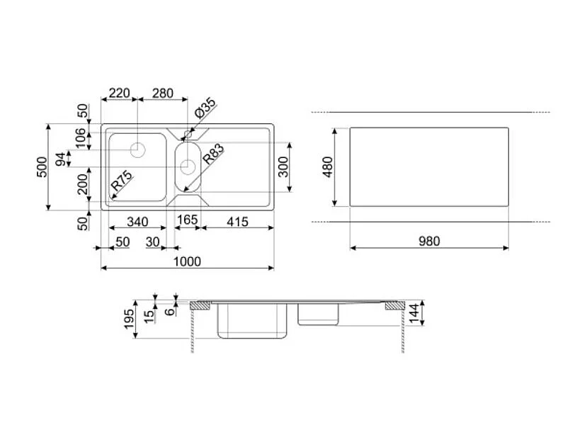 Lavello incasso semifilo 2 vasche e gocciolatoio destro 100x50 Smeg LP102D2 inox