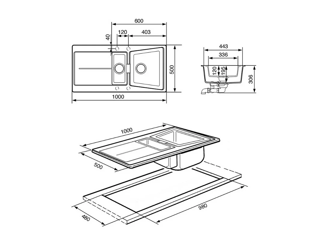 Lavello incasso 2 vasche e gocciolatoio reversibile 100x50 Smeg LC102P colore panna