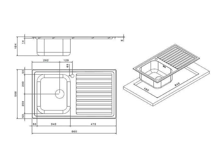 Lavello incasso cucina acciaio 86x50 cm una vasca e gocciolatoio destro SAXT331A