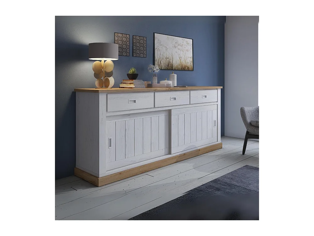 Credenza colore pino bianco e rovere wotan 3 cassetti e 2 ante scorrevoli Anthony67070 219,6x49,8x95H stile shabby