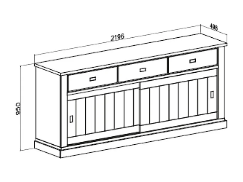 Credenza colore pino bianco e rovere wotan 3 cassetti e 2 ante scorrevoli Anthony67070 219,6x49,8x95H stile shabby
