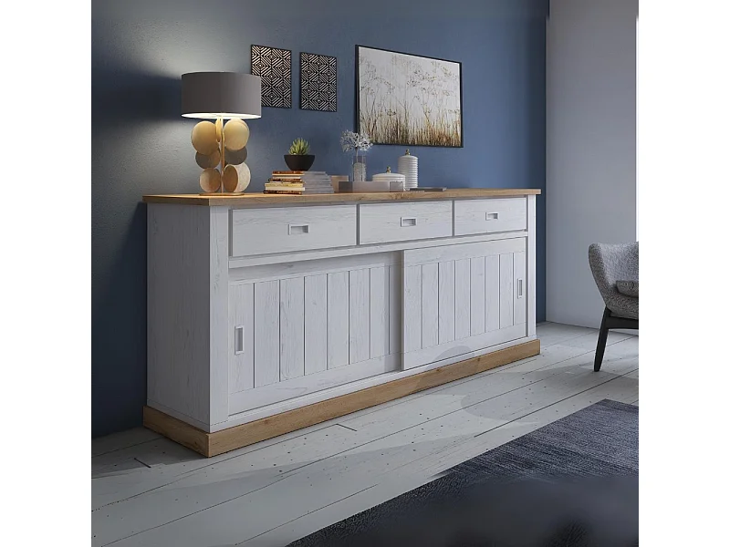 Credenza colore pino bianco e rovere wotan 3 cassetti e 2 ante scorrevoli Anthony67070 219,6x49,8x95H stile shabby