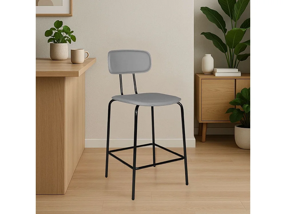 Sgabello Glami con struttura in metallo nero e seduta in pvc effetto cuoio grigio