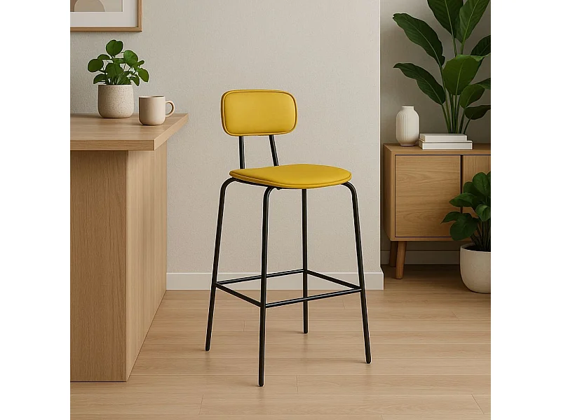 Sgabello Glami con struttura in metallo nero e seduta in pvc effetto cuoio giallo