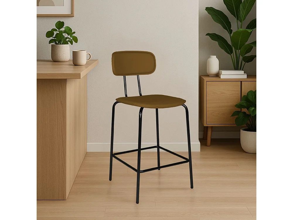 Sgabello Glami con struttura in metallo nero e seduta in pvc effetto cuoio brown