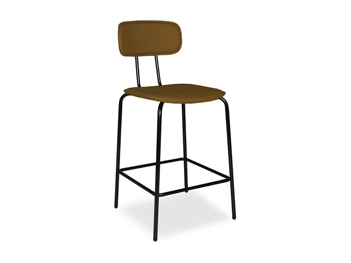 Sgabello Glami con struttura in metallo nero e seduta in pvc effetto cuoio brown