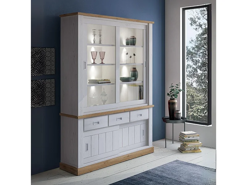 Cristalliera colore pino bianco e rovere 3 cassetti e 4 ante scorrevoli Anthony67120 150x39,6x204H pine stile shabby