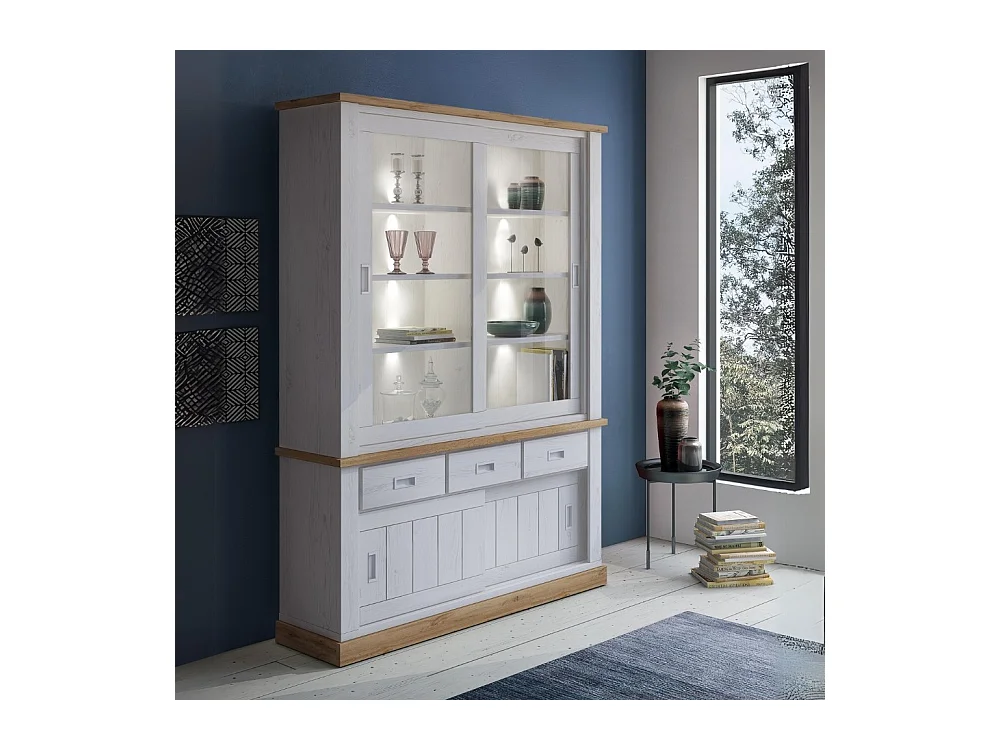 Cristalliera colore pino bianco e rovere 3 cassetti e 4 ante scorrevoli Anthony67120 150x39,6x204H pine stile shabby