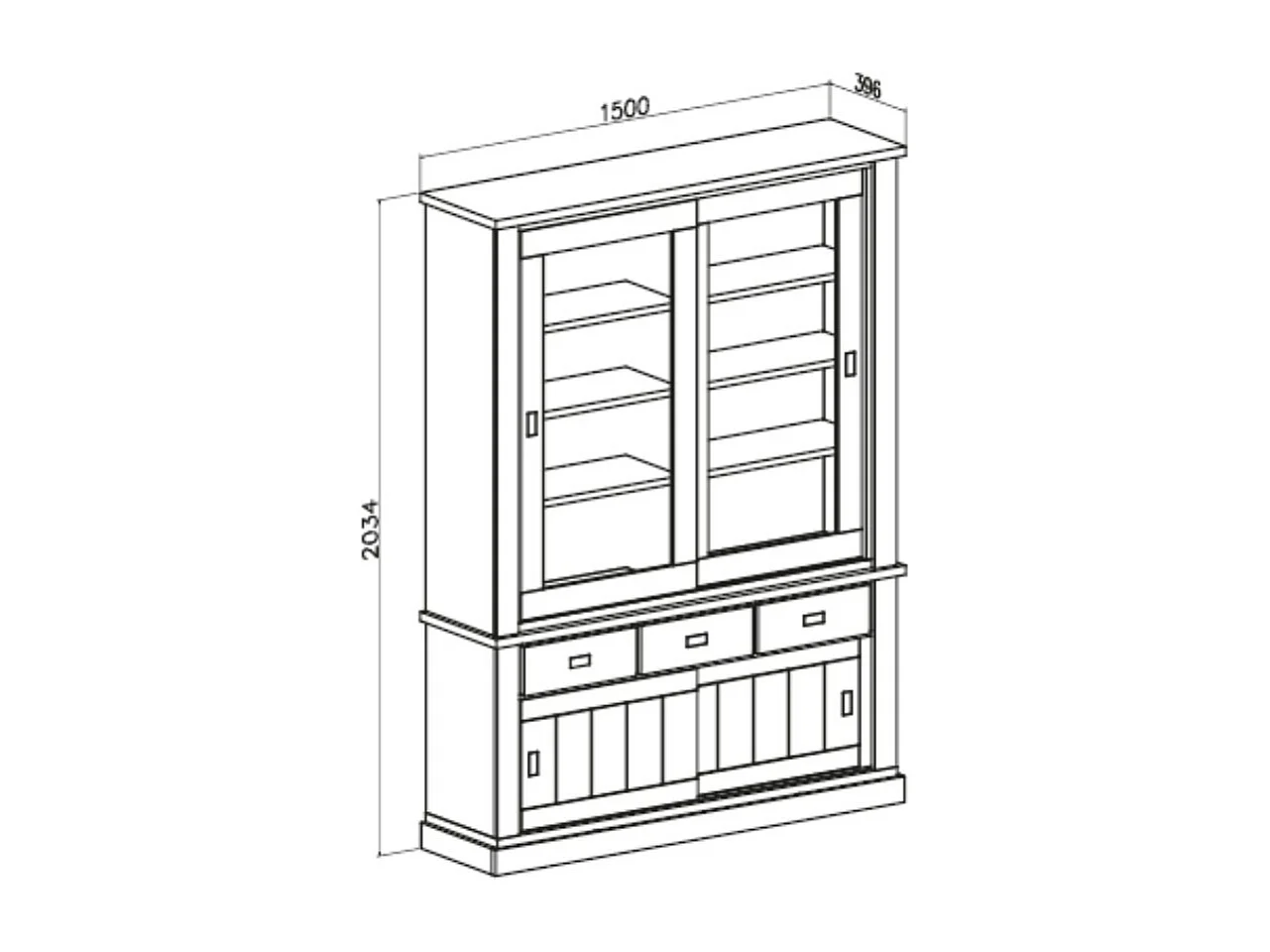 Cristalliera colore pino bianco e rovere 3 cassetti e 4 ante scorrevoli Anthony67120 150x39,6x204H pine stile shabby
