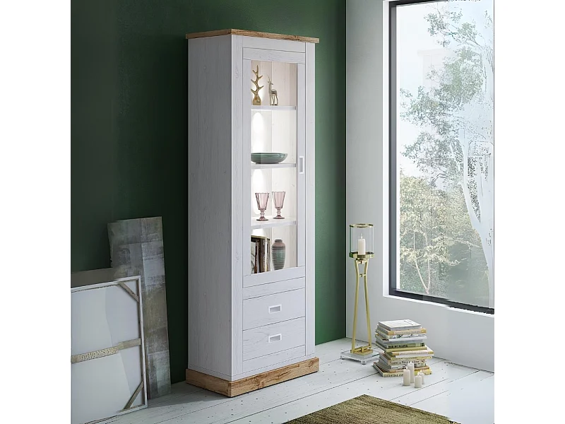 Vetrina colore pino bianco e rovere 2 cassetti e anta Anthony23 73x39,6x204H stile shabby
