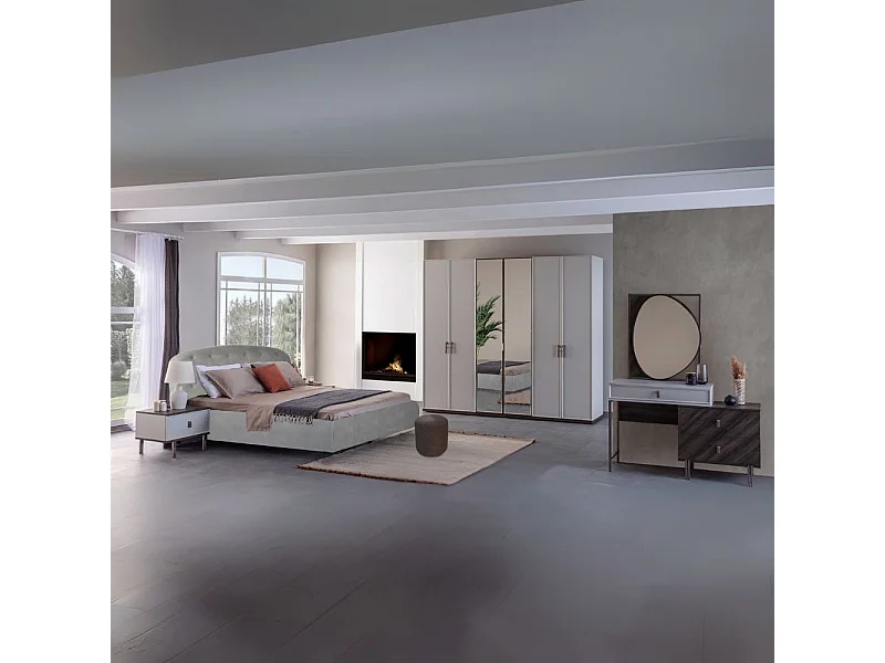 Camera da letto Merlin noce mozambik spatolato armadio 6 ante e letto contenitore