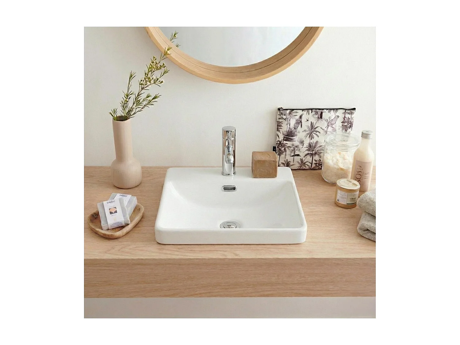 LEA 37 cm quadratisches Halbeinbauwaschbecken aus weißer Keramik