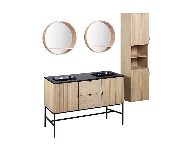 Lavatório duplo STUDIO de 140 cm em carvalho sobre pés + espelho redondo + pedestal