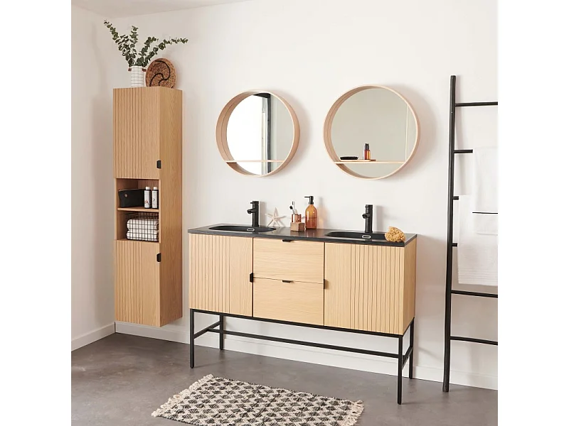 Lavatório duplo STUDIO de 140 cm em carvalho sobre pés + espelho redondo + pedestal