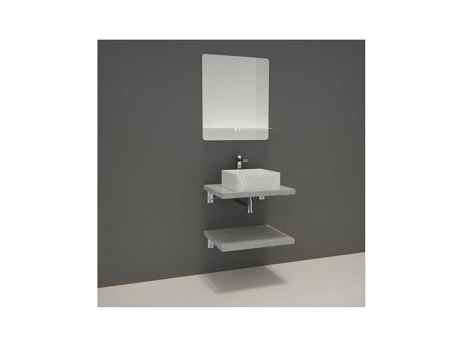 Meuble de Salle de Bain WILL - 2 Plans suspendus 60 cm + Vasque + Miroir + Equerres