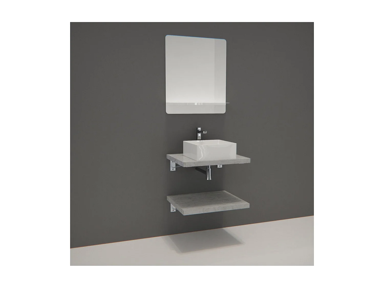Meuble de Salle de Bain WILL - 2 Plans suspendus 60 cm + Vasque + Miroir + Equerres