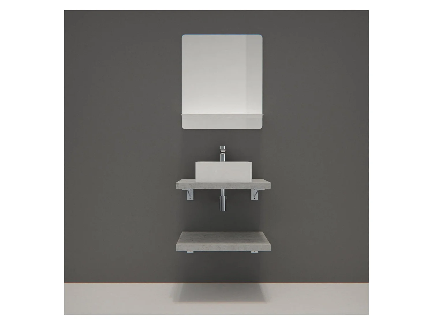 Meuble de Salle de Bain WILL - 2 Plans suspendus 60 cm + Vasque + Miroir + Equerres