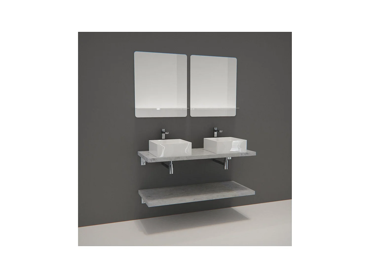 Meuble de Salle de Bain WILL - Plan suspendu 120 cm + Equerres invisibles + 2 Vasques + 2 Miroirs