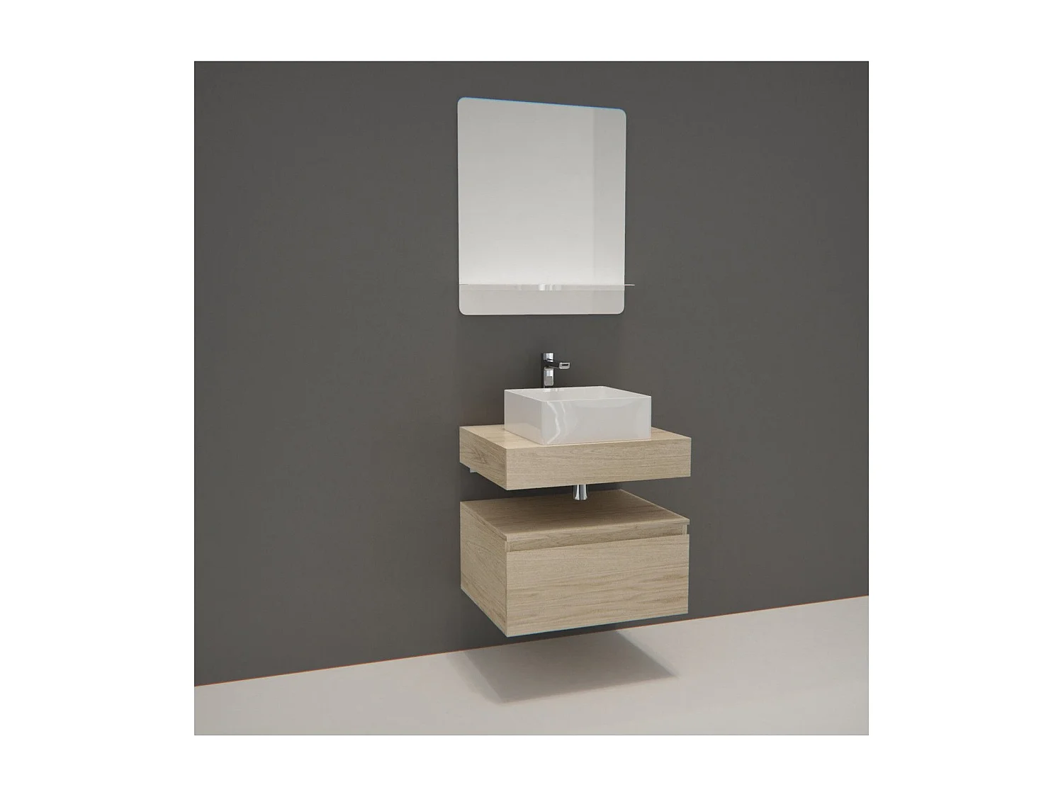 Meuble de Salle de Bain WILL - Plan suspendu 60 cm + Vasque + Miroir + Meuble tiroir + Equerres