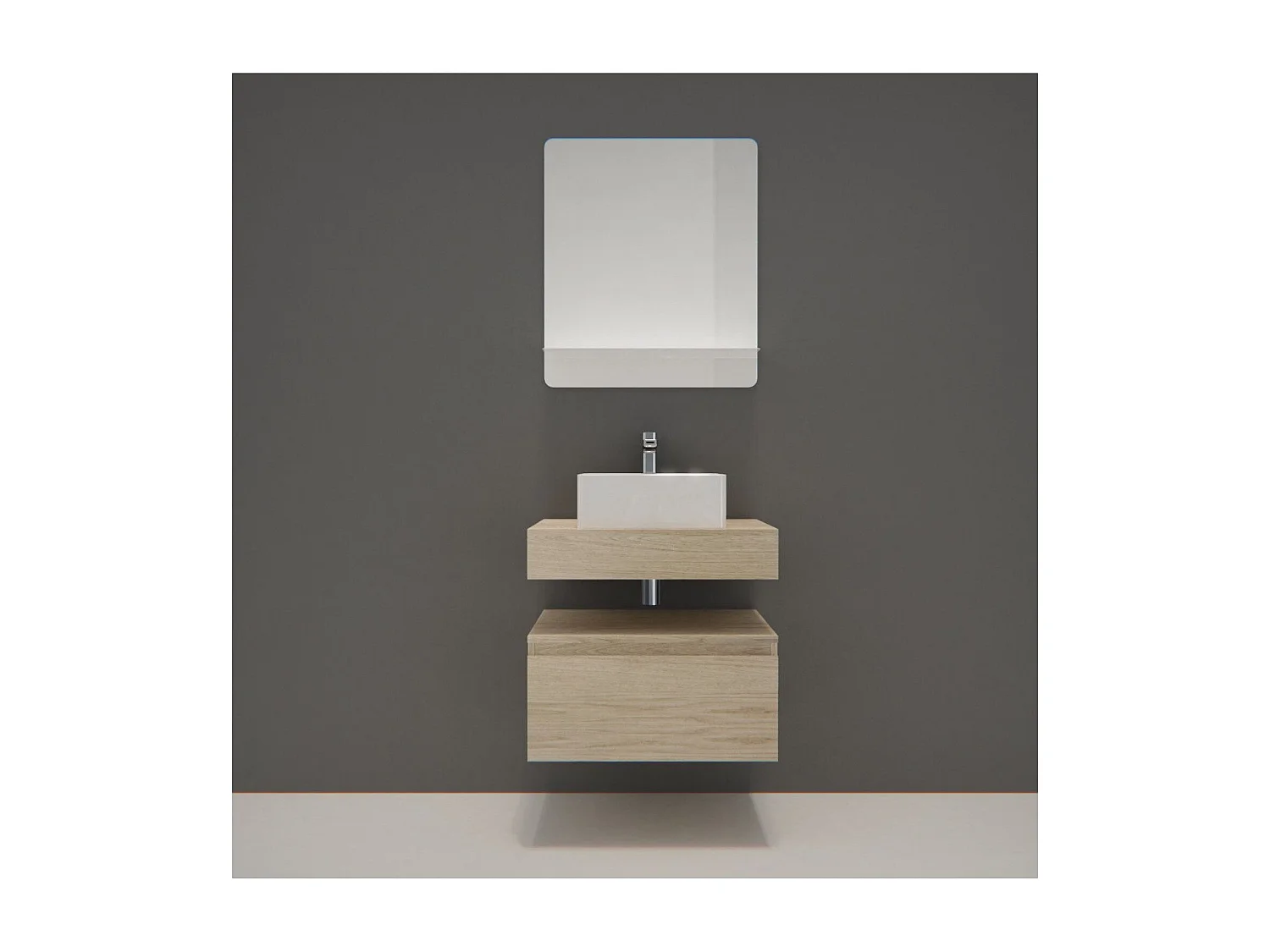 Meuble de Salle de Bain WILL - Plan suspendu 60 cm + Vasque + Miroir + Meuble tiroir + Equerres