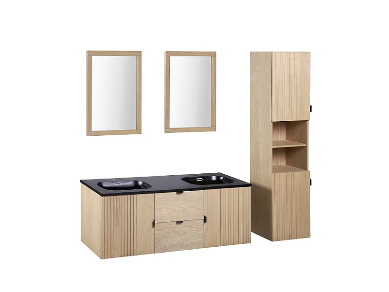Lavatório duplo 140cm carvalho STUDIO suspenso + espelho quadrado + pedestal
