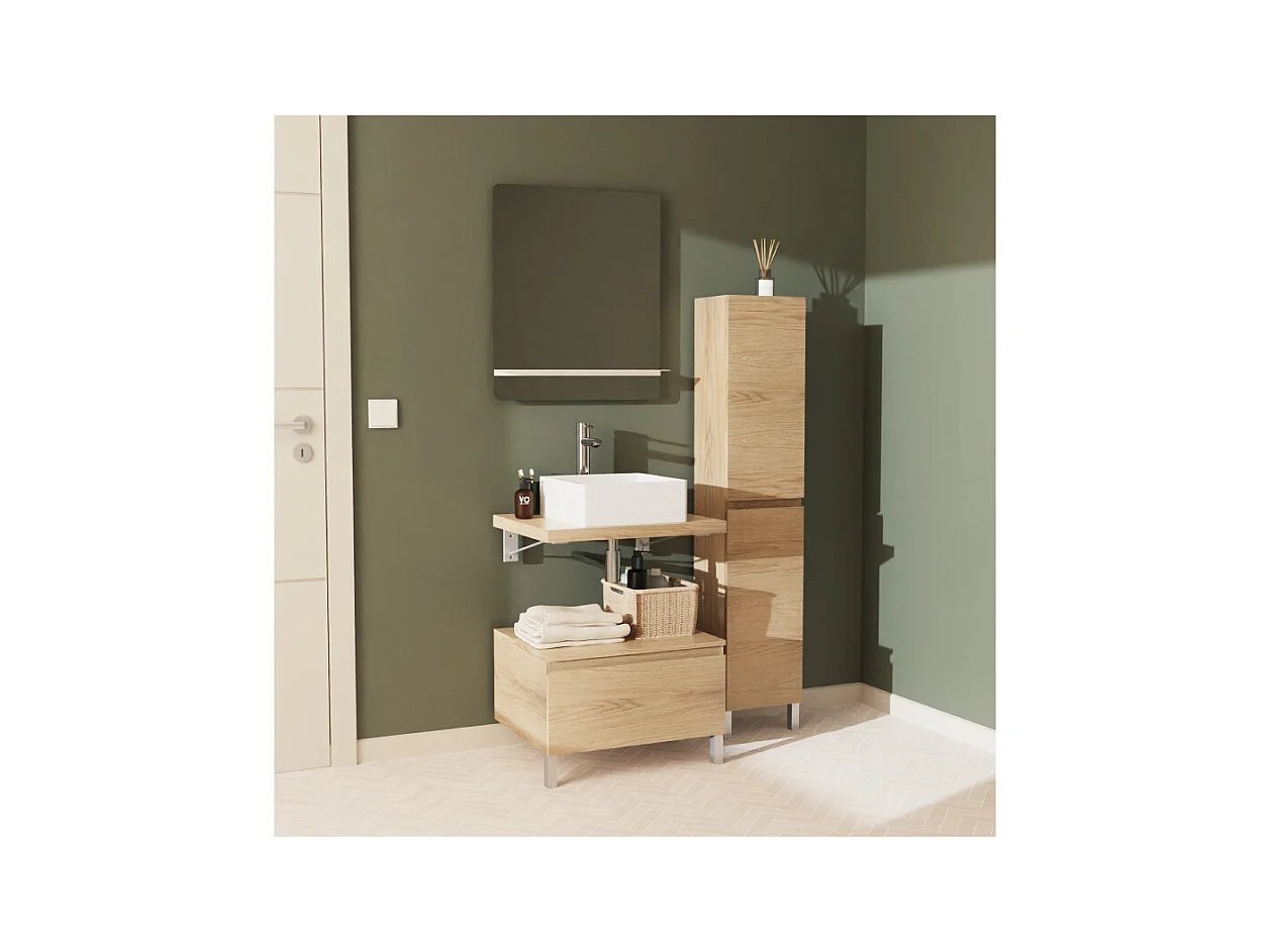 Meuble de Salle de Bain WILL - Plan suspendu 60 cm + Vasque + Miroir + Colonne + Equerres + Pieds