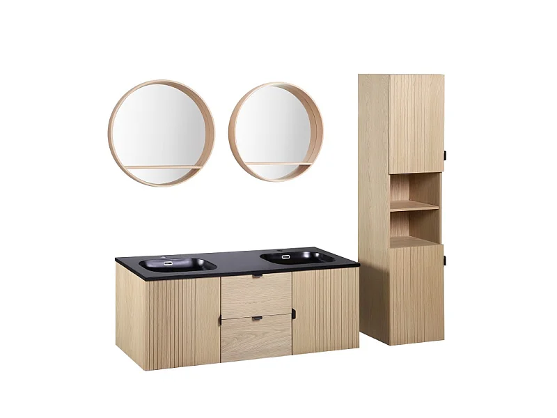 Carvalho STUDIO móvel de parede para lavatório duplo de 140 cm + espelho redondo + pedestal