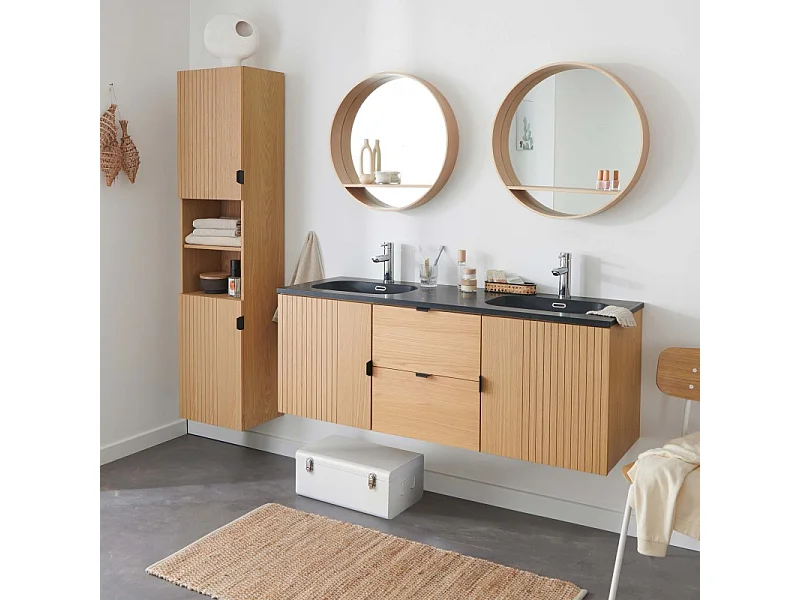 Carvalho STUDIO móvel de parede para lavatório duplo de 140 cm + espelho redondo + pedestal