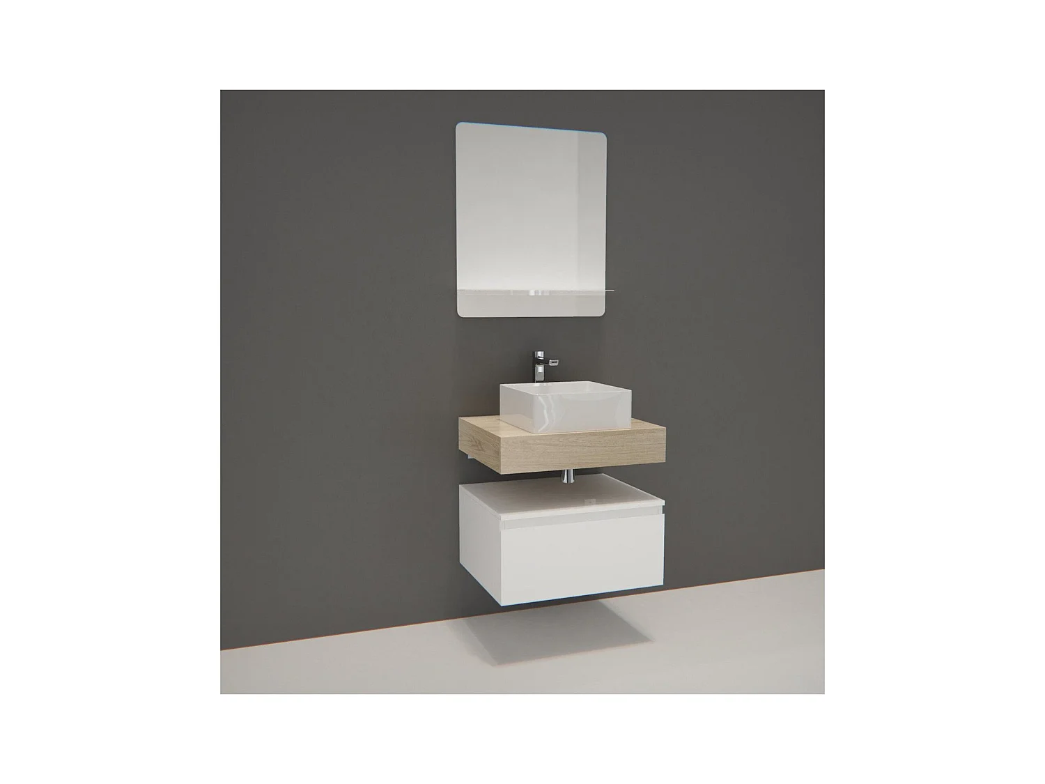 Meuble de Salle de Bain WILL - Plan suspendu 60 cm + Vasque + Miroir + Meuble tiroir + Equerres