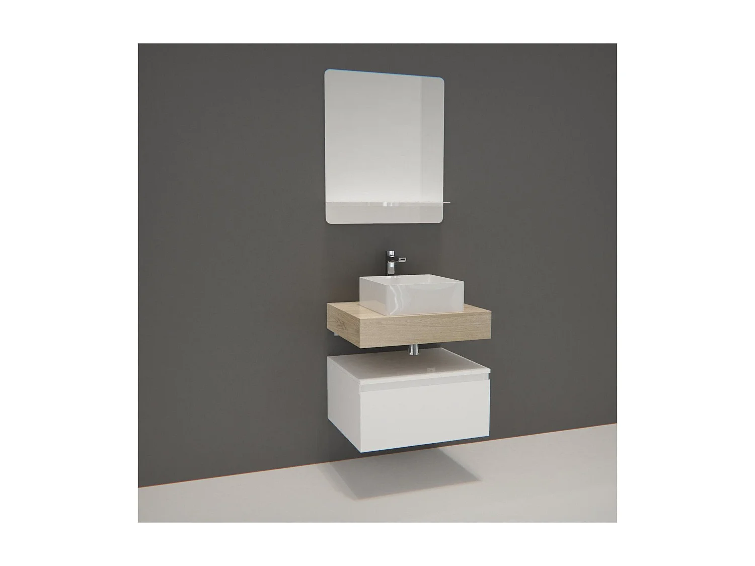 Meuble de Salle de Bain WILL - Plan suspendu 60 cm + Vasque + Miroir + Meuble tiroir + Equerres